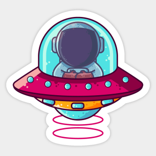 Cute Astronaut Riding UFO Spaceship Cartoon Sticker